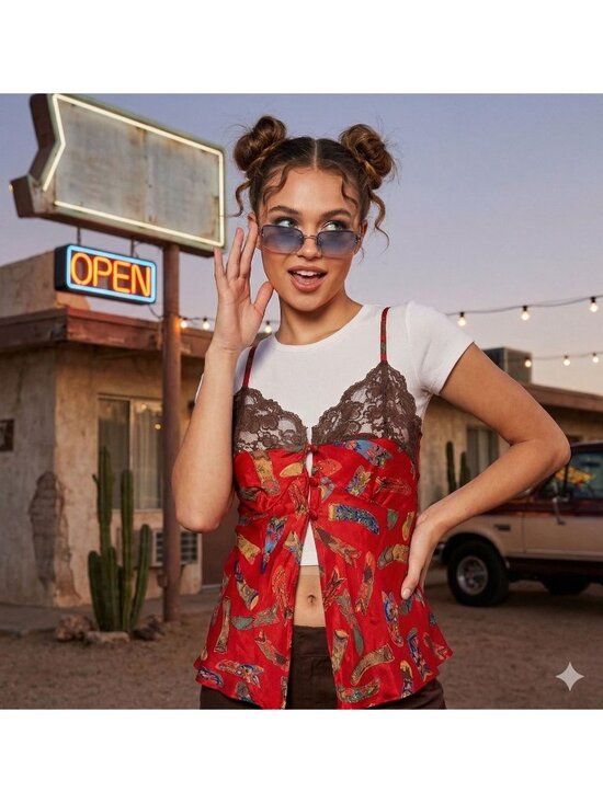 Vintage Tops - Vintage 90s Western Camisole M Cowboy Boot Graphic Coquette Grunge Red Lace Cami
